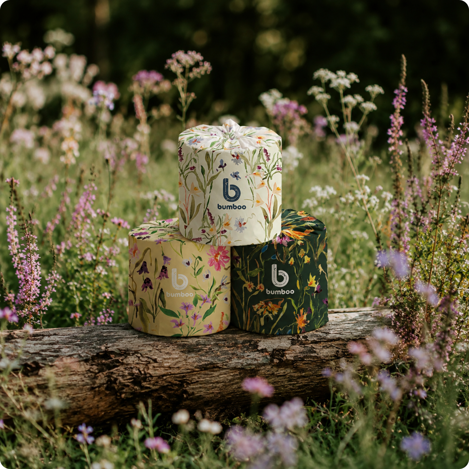 Three wrapped toilet rolls with floral designs and &