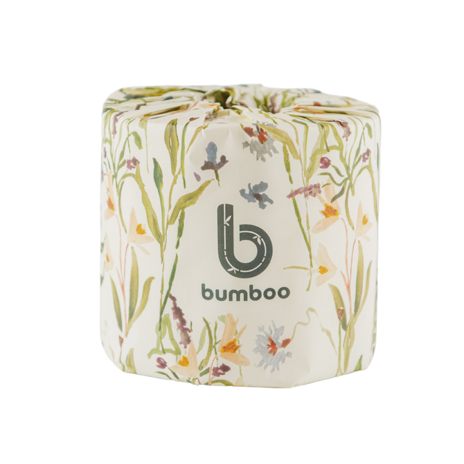Bumboo brand toilet paper roll with floral design on a white background