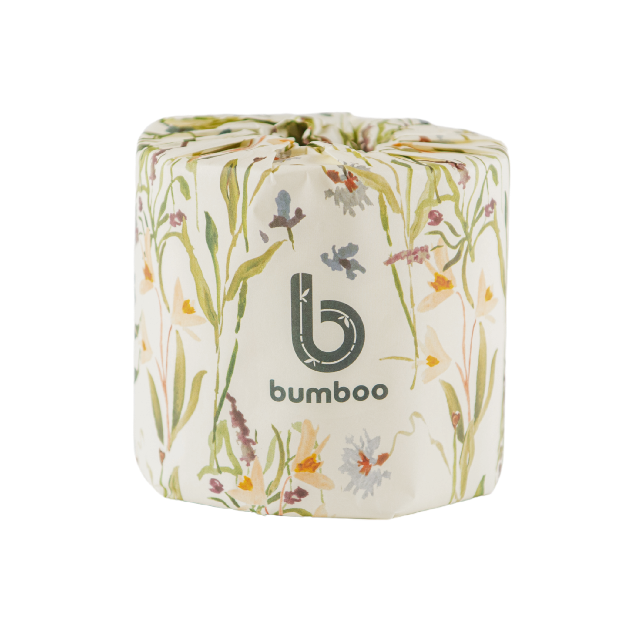 Bumboo brand toilet paper roll with floral design on a white background