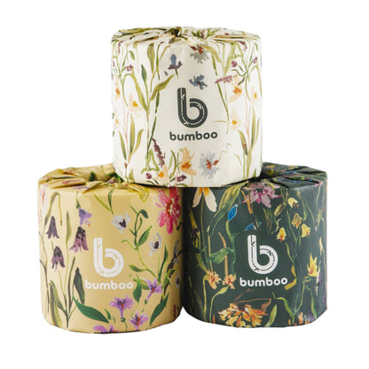 Stack of floral wrapped bamboo toilet paper